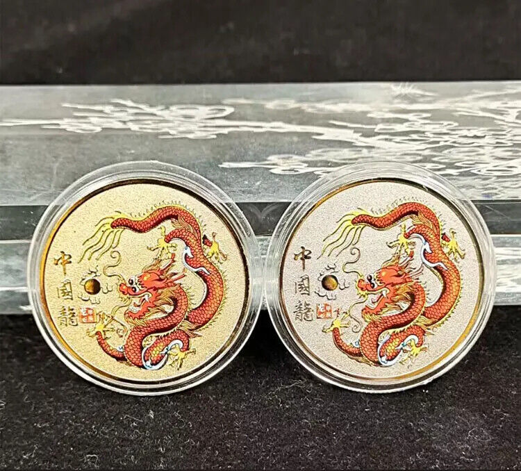 Collection Coin Metal Colorful Gold Plated Chinese Dragon Year Souvenir 40x1.5mm