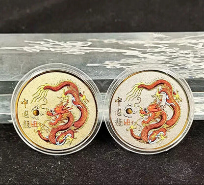 Collection Coin Metal Colorful Gold Plated Chinese Dragon Year Souvenir 40x1.5mm