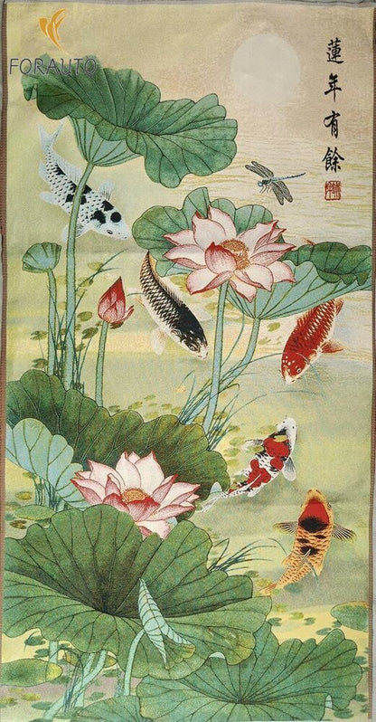 Chinese Old Exquisite Silk Embroidery Painting "Lotus Fish“