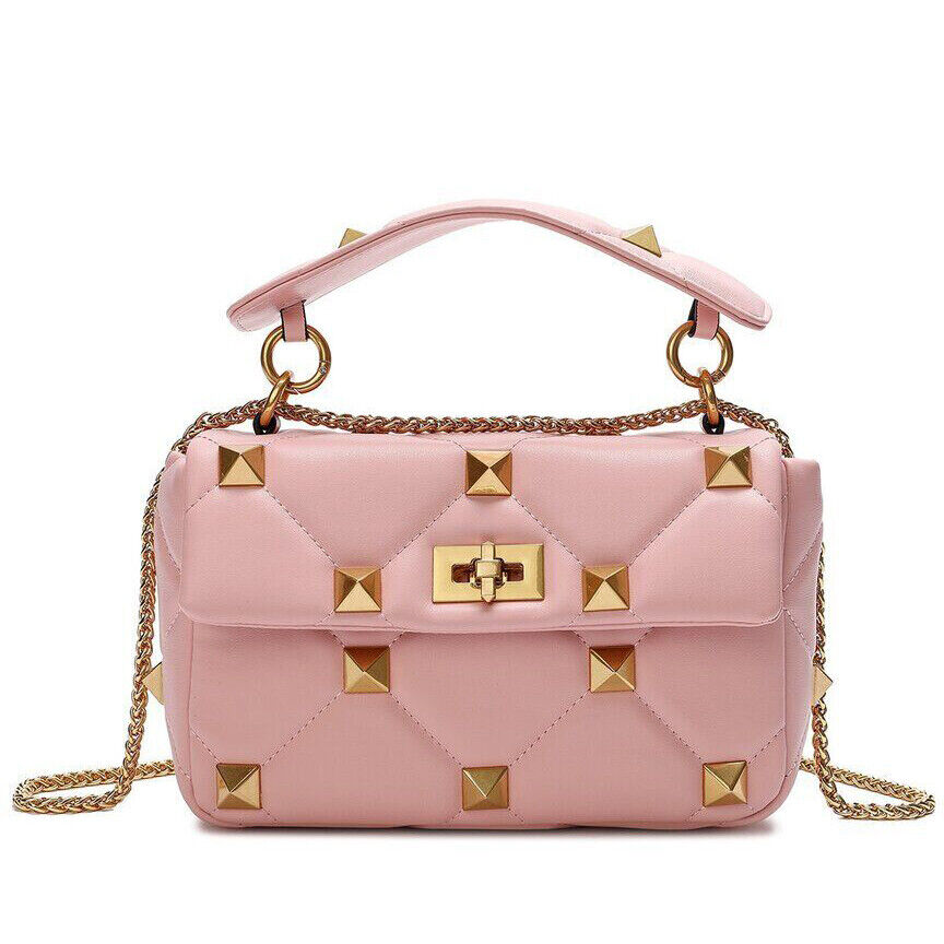 Studded Leather Shoulder Bag Women Pink/Green/Black, Soft Leather Gold Chain Bag
