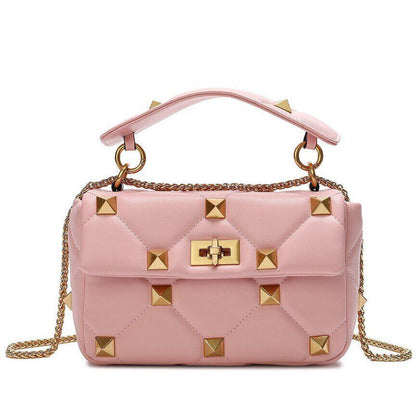 Studded Leather Shoulder Bag Women Pink/Green/Black, Soft Leather Gold Chain Bag