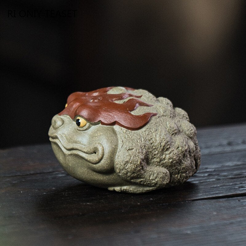 3.78" Yixing Purple Clay Tea Pet Lucky Wealth Raise Golden Toad Statue Ornament
