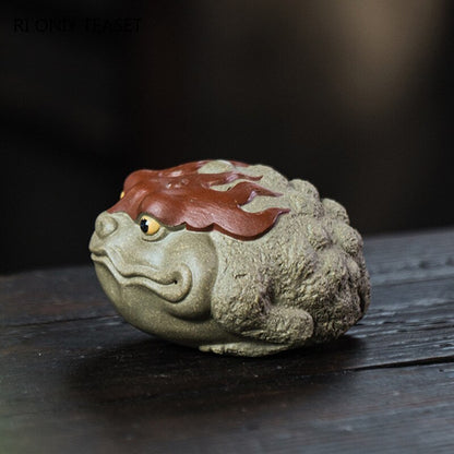 3.78" Yixing Purple Clay Tea Pet Lucky Wealth Raise Golden Toad Statue Ornament