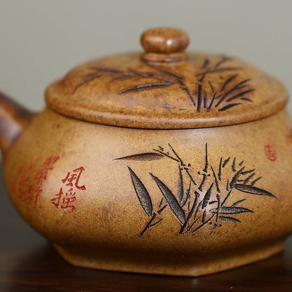 Chinese Tea Pot Bamboo Carved Handmade Pot 9 Infuser Hole Original Ore Duan Clay