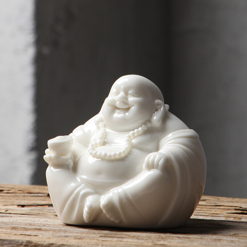 White Porcelain Happy Laughing Maitreya Buddha Statue Buddhism Zen Decor