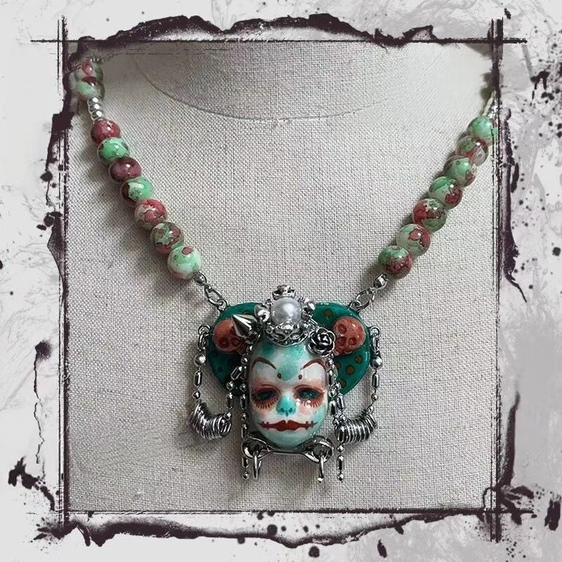 Original Heavy Punk Clown Necklace Choker Dark Vintage Beaded Ring Choker