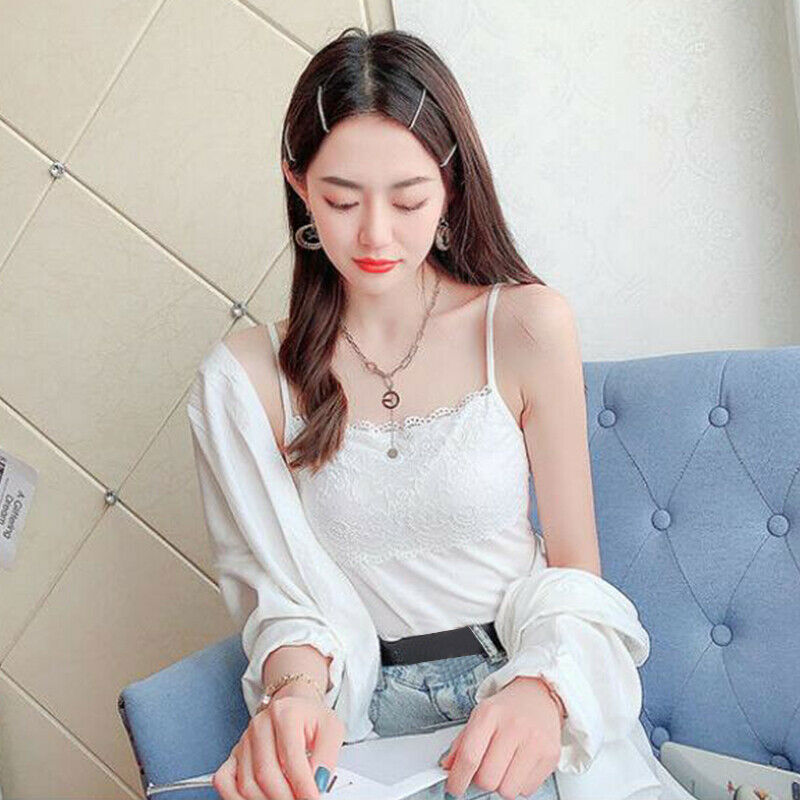 Ladies Plain Cotton Vest Top Lace Trim Neck Design Cami Strappy Camisole