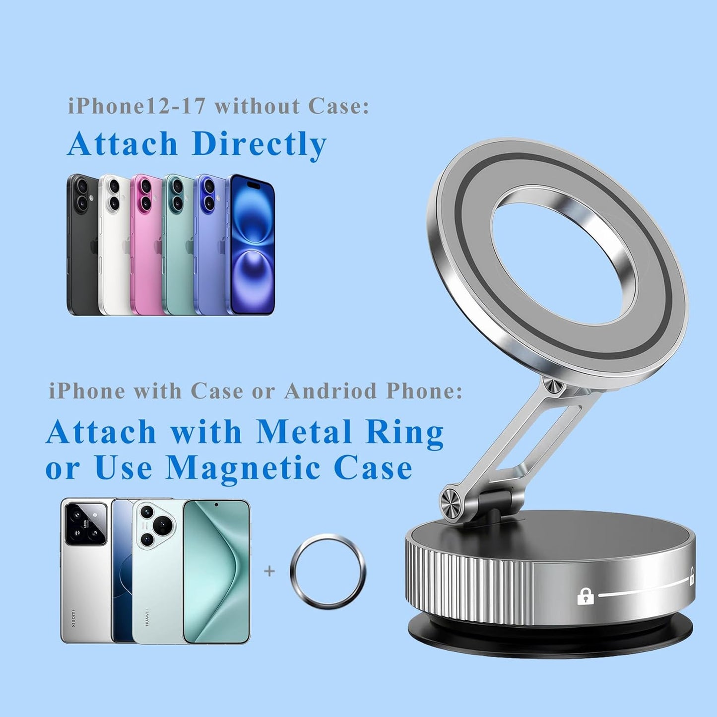 Vacuum Magnetic Phone Holder for Car,Full Metal Body,Vacuum Suction Phone Mount,