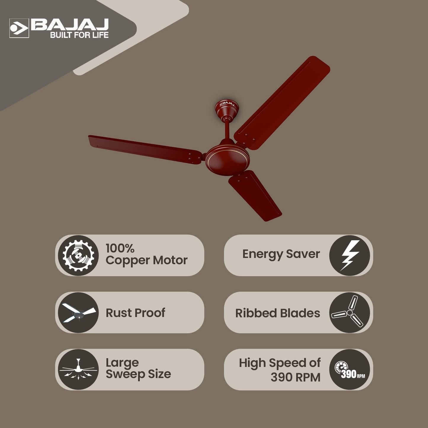 High Speed Frore 1200 mm Ceiling Fan Brown For Smart Home