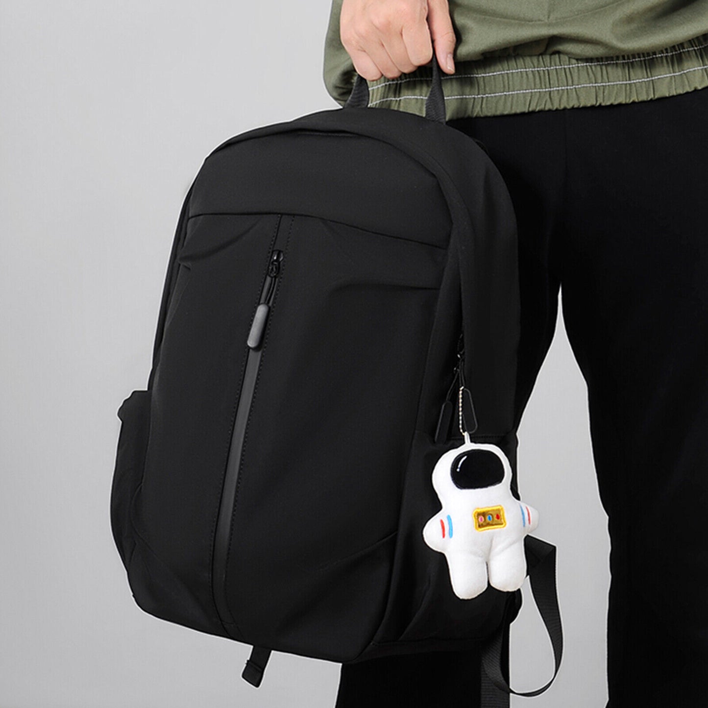 Backpack Men Laptop Backpacks Oxford Black Solid High School Bags w/ Pendant