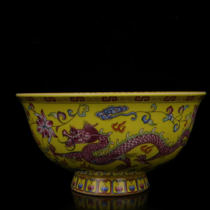 Chinese Famille Rose Porcelain Handmade Yellow Dragon Phoenix Small Bowl