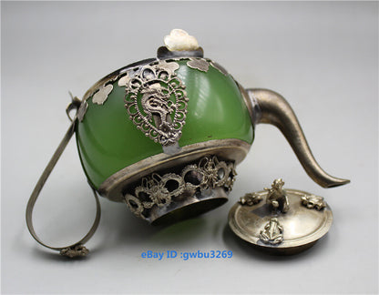 China Old Tibetan Silver Inlay Jade Hand Carved Dragon Teapots Collection