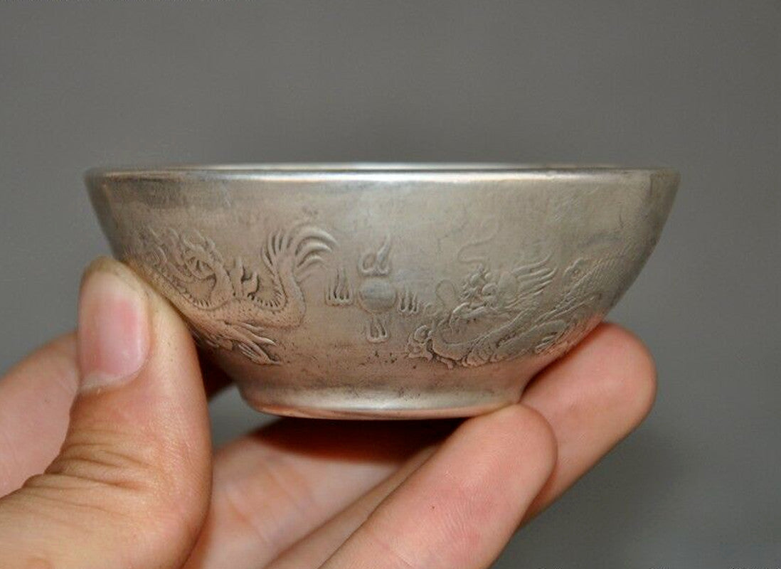 2.8" Chinese Tibetan Silver Dragons Dragon Loong Statue Tea Cup Bowl Collect New