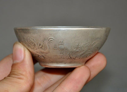 2.8" Chinese Tibetan Silver Dragons Dragon Loong Statue Tea Cup Bowl Collect New