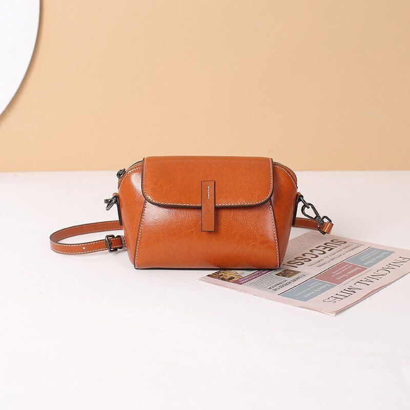 Wax Cowhide Leather Crossbody Small Bag Shoulder Shell Casual Purse Polyester