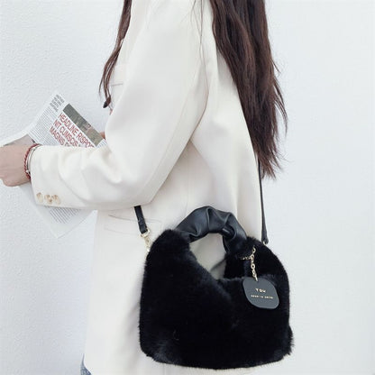 Soft Faux Fur Bag Synthetic Leather Handle Pleated Warm Plush Bags Crossbody 1PC