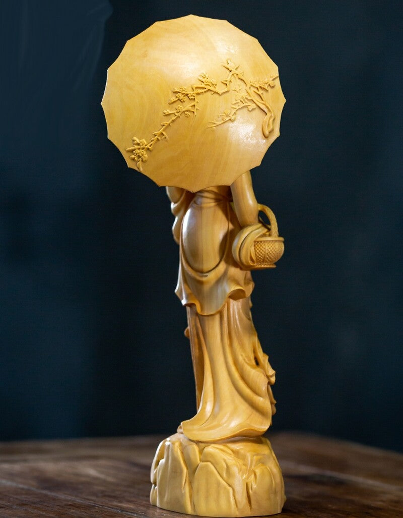 8" Boxwood Carved Oriental Woman Girl Statue Traditional Chinese Beauty Decor
