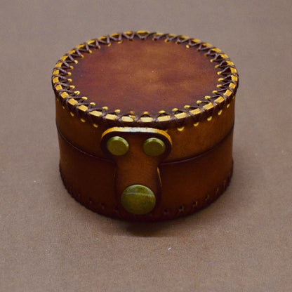 Handmade Leather Jewelry Box Vintage Bracelet Bead Storage Case Round Leather