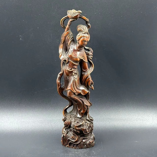 Vintage Chinese Antique Wooden Carving Pretty Woman Statue Wood Figurines Decor