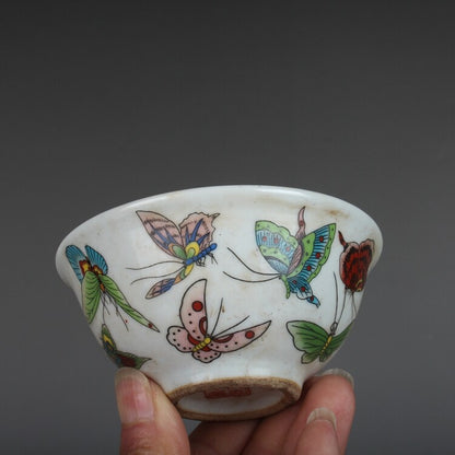 Chinese Famille Rose Porcelain Qing Tongzhi Butterfly Design Teacup Cup 3.5 Inch