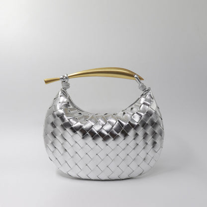Woven Microfiber Leather Top Metal Handle Clutch Handbag Purse Tote Fashion Bag