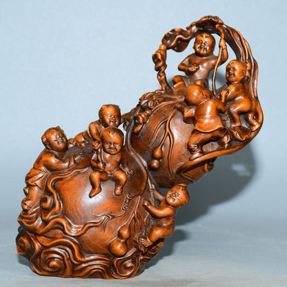 China Boxwood Hand Carved with Many Many Blessings Gourd Ornament Statue