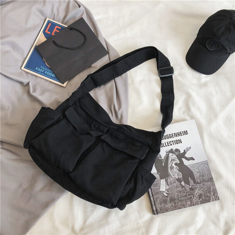 Large Capacity Shoulder Bag Canvas Bag School Messenger Bag Solid Color Fashion