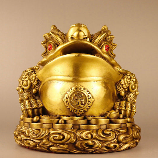 8" China Buddhism Temple Bronze Bicorn Ruyi Yuanbao Coin Toad Statue Ornament