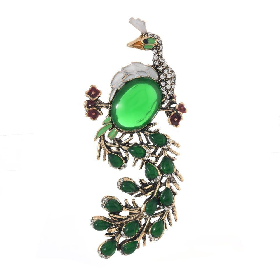 Chinese Style Peacock Brooch Green Enamel Phoenix Pin Luxury Coat Accessory