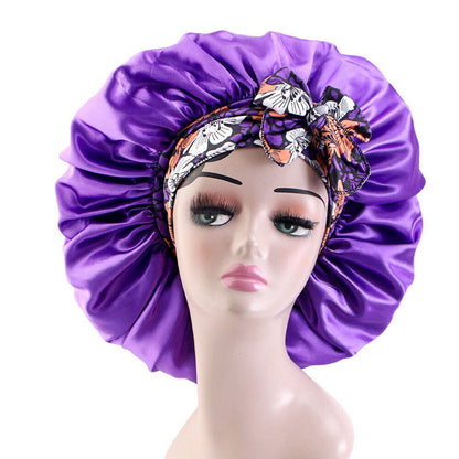Women Large Double Layer Print Satin Bonnet Adjustable Shower Cap Bonnet Hat