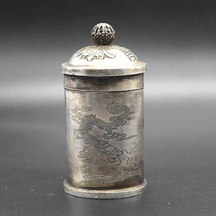 Antique White Copper Silver Plated Dragon Phoenix Box Toothpick Tobacco Storage