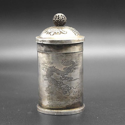 Antique White Copper Silver Plated Dragon Phoenix Box Toothpick Tobacco Storage