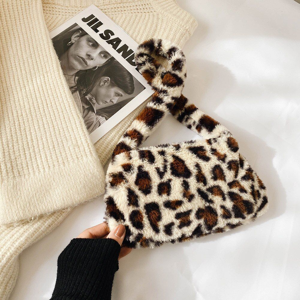 Bag Plush Animal Print Shopper Purse Handbag Shoulder Underarm Bag 250*140*30mm