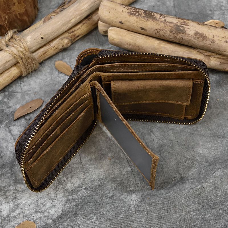 Real Leather Coin Wallet Zip Men Women Short Wallet Purse Zipper Brown Small