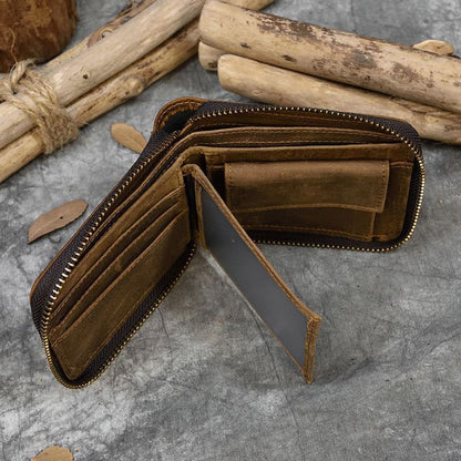 Real Leather Coin Wallet Zip Men Women Short Wallet Purse Zipper Brown Small