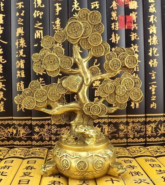 Brass Old Chinese Coin Tree Statue Feng Shui Wealth Money Toad Statue Decor