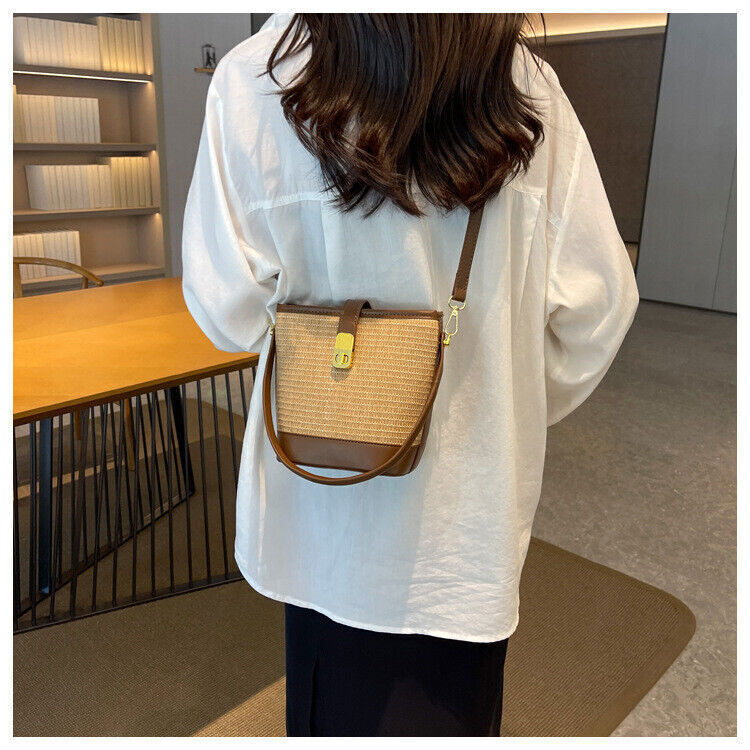 Straw Woven Bucket Shoulder Bags PU Leather Summer Fashion Designer BeachHandbag