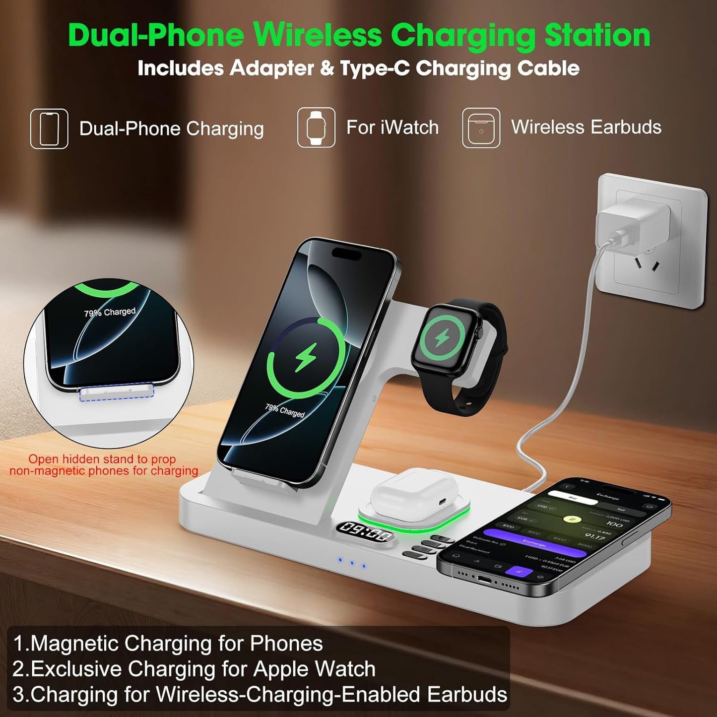 Dual Phone Wireless Charging Station for Apple Devices, Magnetic Charging Statio