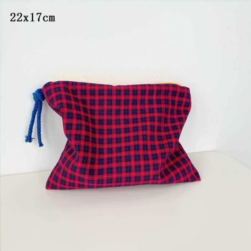Plaid Cosmetic Bags Multipurpose Toiletry Cotton Zipper Pouch Travel Makeup Bag