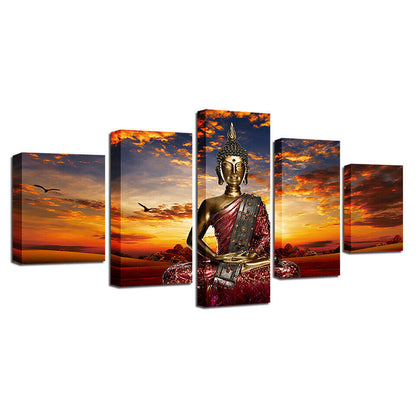 Sunset Buddha Meditation Statue Buddhism Canvas Print Painting Wall Art Decor 5P