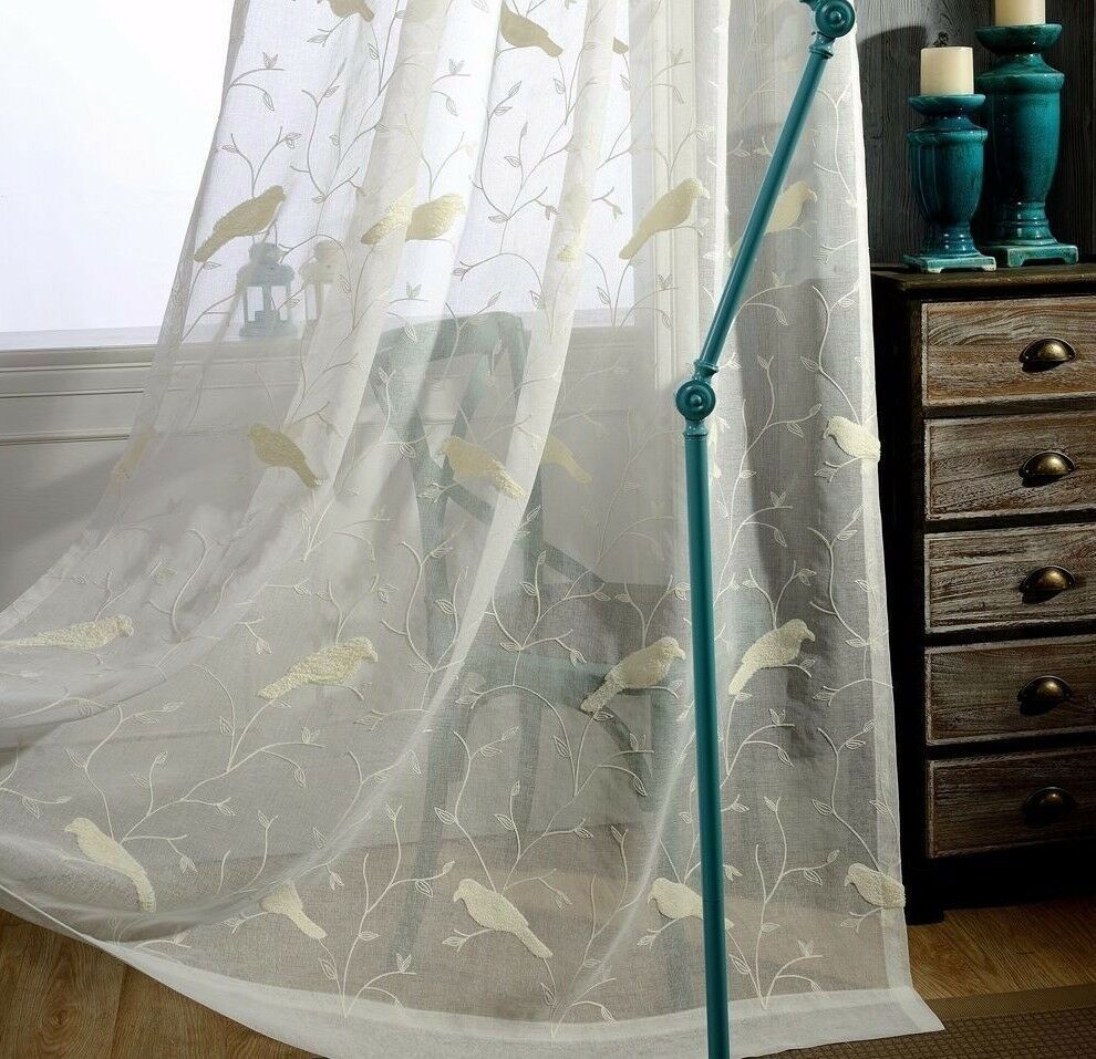 White Pastoral Bird Embroidered Curtains Balcony Linen Sheer Fabric Drape 1Panel