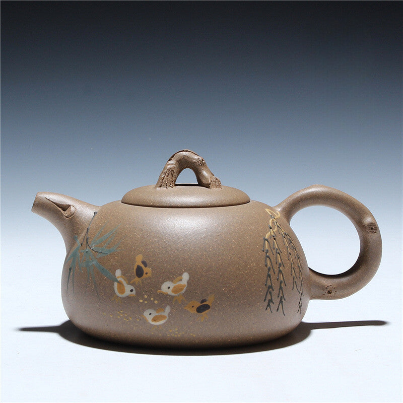 Chinese Yixing Zisha Tea Pot Beautifully Painted Purple Clay Stump Tea Pot 300ml