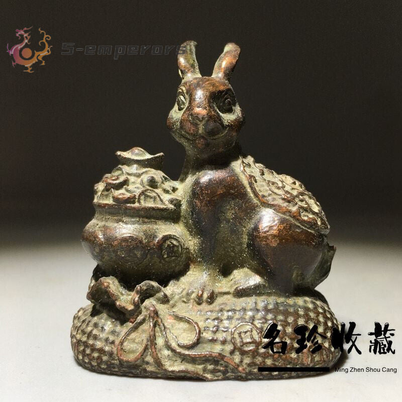 Art collect bronze lovely wealth rabbit Figure statue netsuke tea pet decor