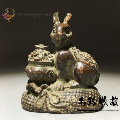 Art collect bronze lovely wealth rabbit Figure statue netsuke tea pet decor
