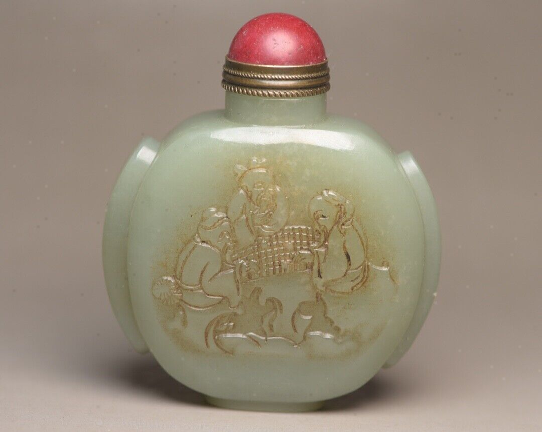 Chinese Antique Hetian Jade Snuff Bottle Carved Figure Statue Exquisite Snuffbox