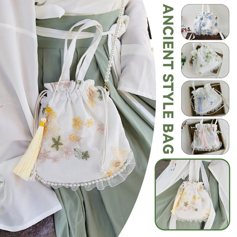 Pearl Floral Hanfu Bag Ancient Purse Embroidery Ruffle Drawstring Handbag Wallet