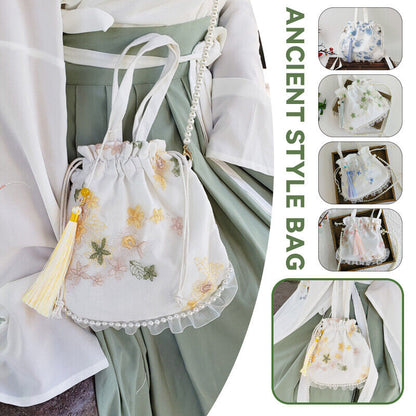 Pearl Floral Hanfu Bag Ancient Purse Embroidery Ruffle Drawstring Handbag Wallet