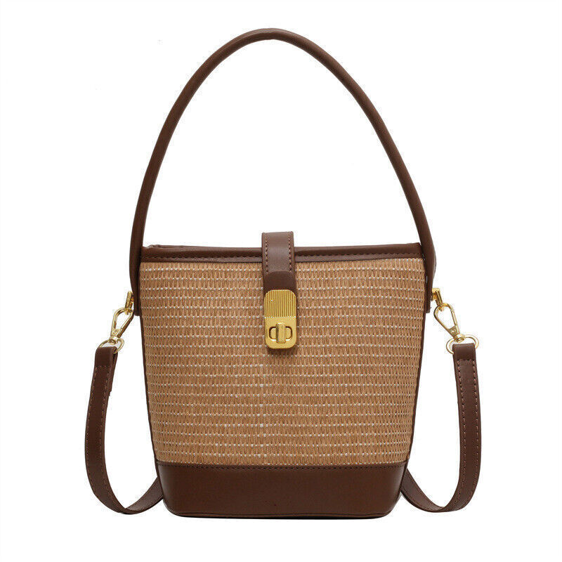 Straw Woven Bucket Shoulder Bags PU Leather Summer Fashion Designer BeachHandbag