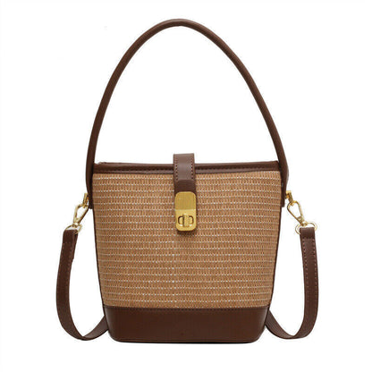 Straw Woven Bucket Shoulder Bags PU Leather Summer Fashion Designer BeachHandbag