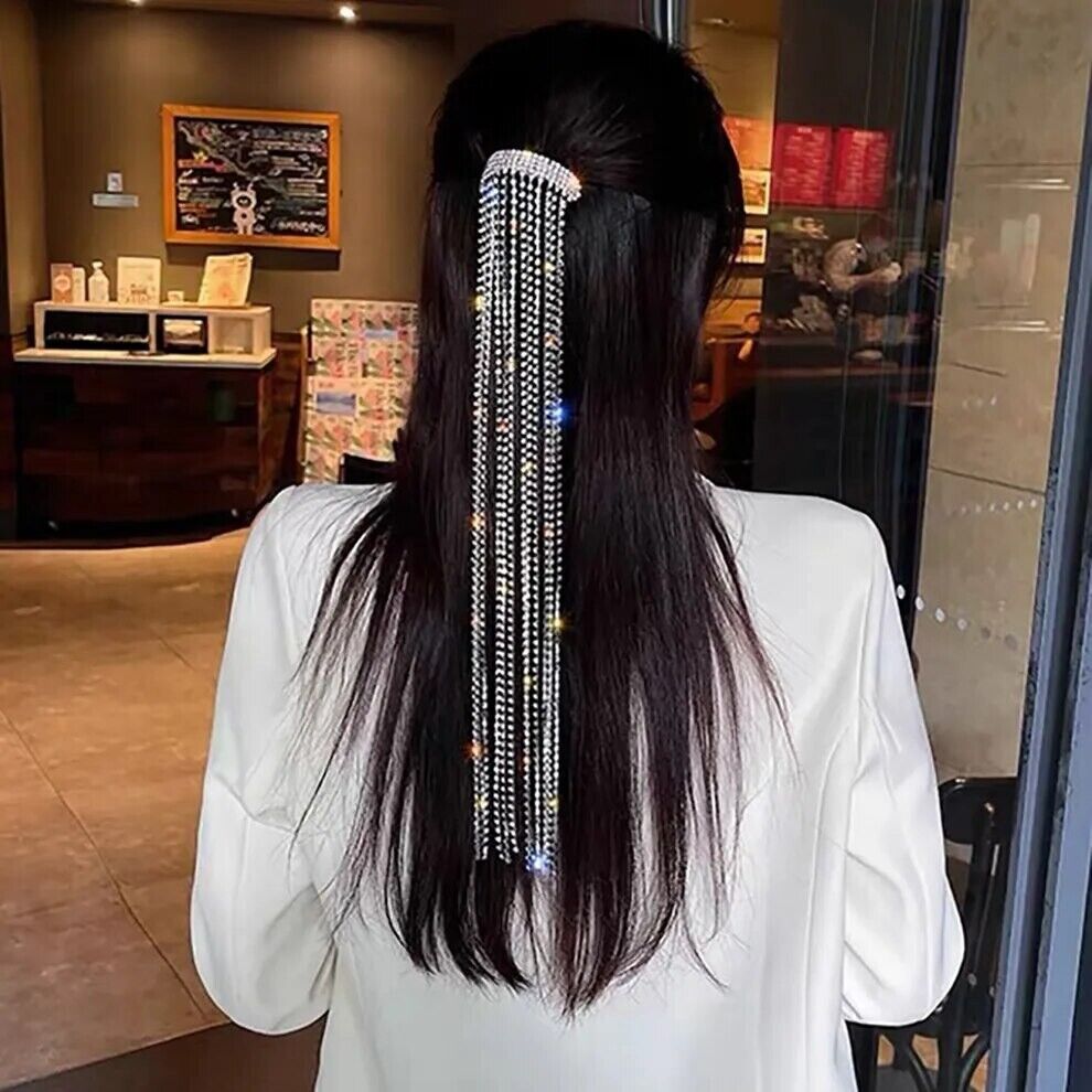 Women Hair Accessories Full Rhinestone Crystal Long Tassel Hairpin Shiny Jewelry